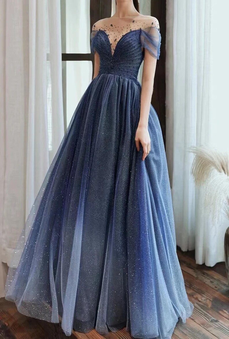 Blue Tulle Sequins Evening Prom Gown,formal Evening Dress,wedding Prom