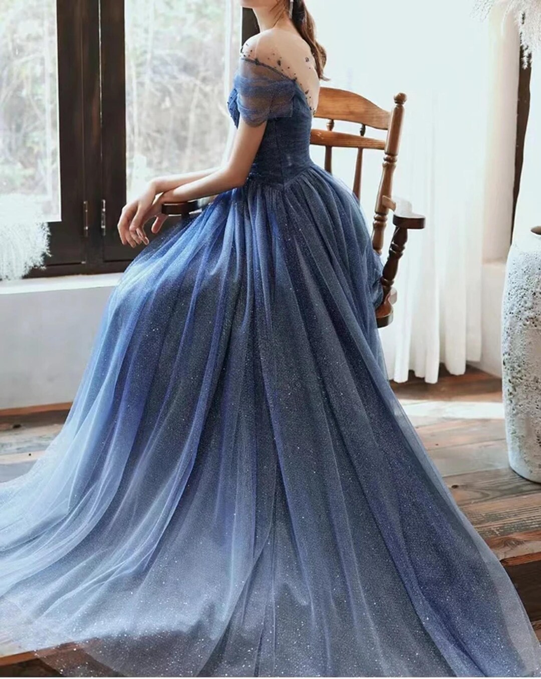 Blue Tulle Sequins Evening Prom Gown,formal Evening Dress,wedding Prom
