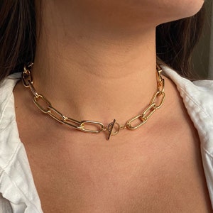 Chunky 22k Gold T-Bar Link Choker / 22k Gold-Filled Toggle Necklace / T-Bar Link Chain / Toggle Clasp / Hypoallergenic / 18k Gold / 24k Gold