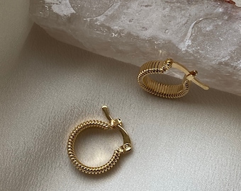 May include: Two gold-colored hoop earrings with a textured, coiled design. The earrings are small and circular, with a clasp closure. The earrings are displayed on a light-colored, textured surface.