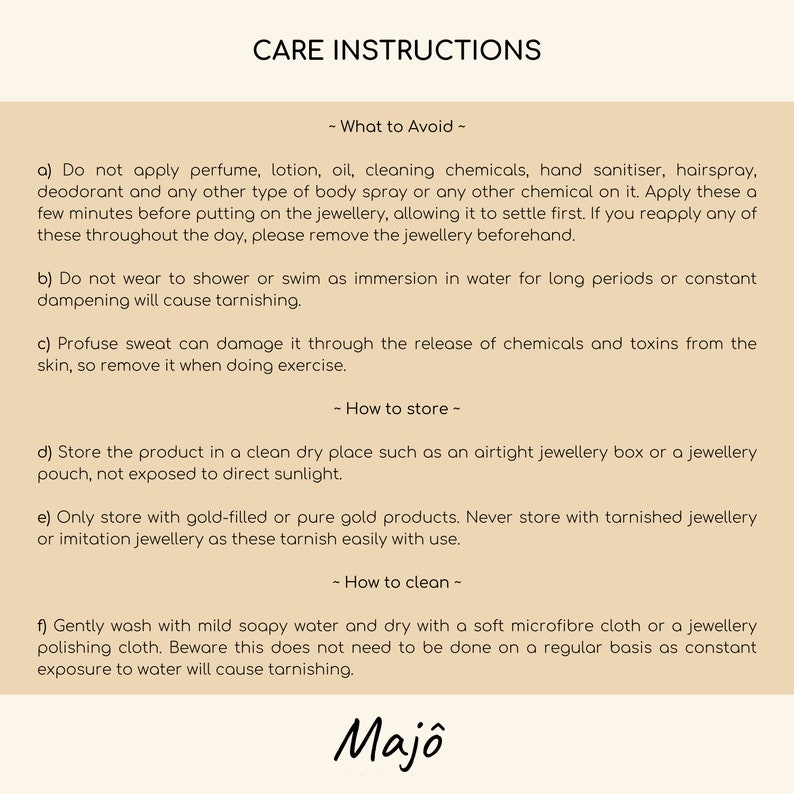 May include: A beige card with black text detailing jewelry care instructions. The text includes what to avoid, how to store, and how to clean jewelry. The brand name "Majo" is at the bottom.