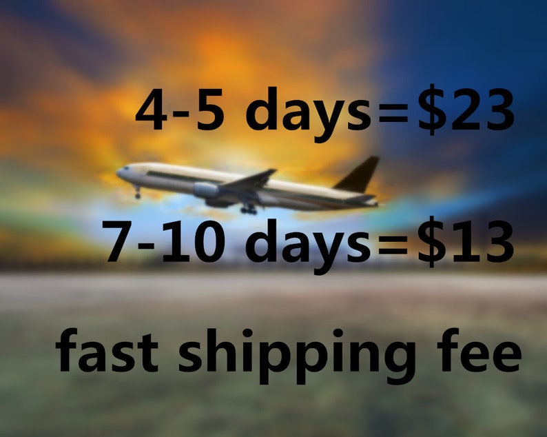 May include: A plane flying in a colorful sunset sky with text that reads "4-5 days = $23", "7-10 days = $13", and "fast shipping fee".