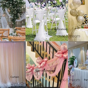 May include: A collection of tulle fabric decorations for weddings, parties, and other events. The image shows tulle fabric used as chair sashes, tablecloths, curtains, and stair decorations. The tulle fabric is available in white, pink, and ivory.