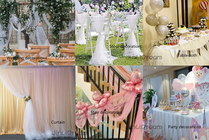 May include: A collection of tulle fabric decorations for weddings, parties, and other events. The image shows tulle fabric used as chair sashes, tablecloths, curtains, and stair decorations. The tulle fabric is available in white, pink, and ivory.
