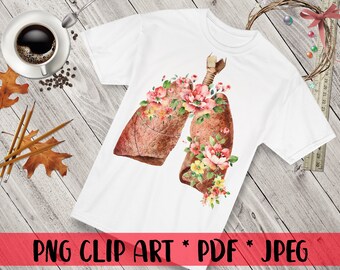 Floral Lungs Anatomy Clipart: Watercolor PNG, JPEG (Digital Download)