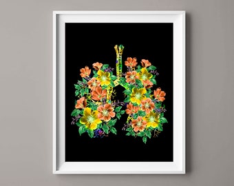 Watercolor Lungs and Flowers Art Anatomy Art Respiratory System Art Medical Artwork Pulmonologist Office Gift Doctor Graduation Gift