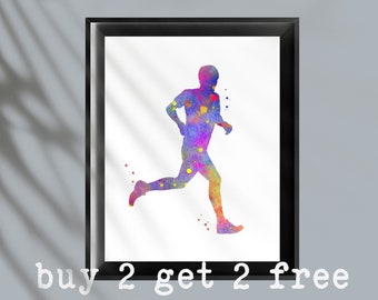 Può includere: Una silhouette colorata di una persona che corre, realizzata ad acquerello. La silhouette è composta da sfumature di viola, blu, giallo e rosa.