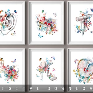 Sztuka anatomii ucha ludzkiego, Sztuka medyczna, Plakat audiologiczny, Rysunek akwarelowy, Struktura ucha wewnętrznego, Sztuka ślimaka kwiatowego, Prezent dla audiologa