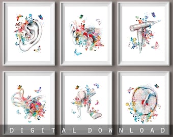 Human ear anatomy art, Medical artwork, Audiology poster, Watercolor drawing, Inner ear structure, Floral Cochlea art, Audiologist gift