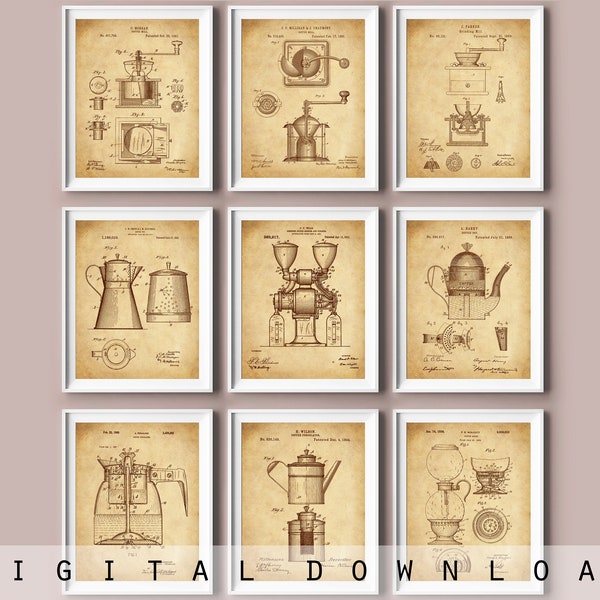 9 Coffee Art Drawing, Coffee Patent Poster, Coffee Mill Blueprint, Cooking Art, Kitchen Wall Decor, Retro Inventions, Blueprint Wall Decor