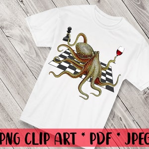 Octopus Chess Player Clipart Nautical Clipart Sea Animal Clipart Sports Clipart Humorous Clipart Marine Designs Sublimation Chess Lover Gift