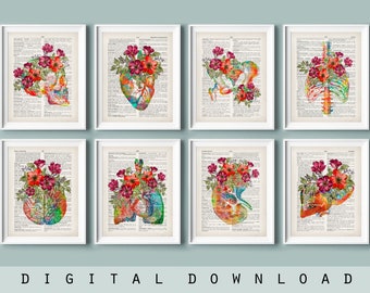 Set 8 Watercolor Anatomy Dictionary Art Medical Art Floral Anatomical Heart Lungs Brain Kidney Liver Skull Ribs Printable Doctor Office Gift