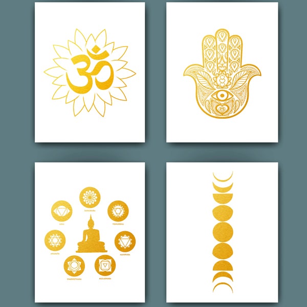 Art de l’or du yoga, symbole om, art mandala, symboles des chakras, diagramme des phases de la lune, symbole Hamsa, décor de yoga, cadeau de professeur de yoga