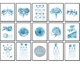 May include: A set of 12 blue and white watercolor illustrations of eye charts, eyeglasses, and eye anatomy. The illustrations are perfect for an eye doctor's office or a home office.
