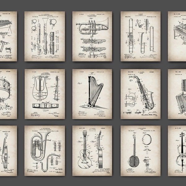 15 Vintage Musical Instrument Patent Prints Melodic Tool Blueprint Acoustic Instrument Scheme Musician Gift Instrumentalist Gift Music Lover