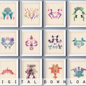 Ensemble de 12 cartes de test de Rorschach, taches d'encre à l'aquarelle, art médical, décoration de bureau de psychiatre, cadeau de psychologue, cadeau de scientifique, affiche de médecine