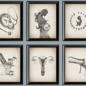 6 Arte vintage de ginecología y obstetricia, arte de partería, arte del embarazo, póster de atención prenatal, arte de anatomía femenina, arte ginecológico, arte de fertilización, arte de la maternidad