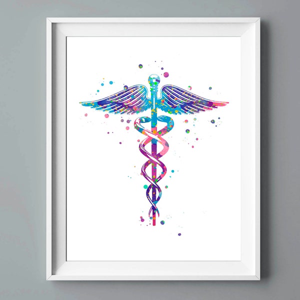 Caduceus watercolor art, Medical symbol print, Doctor graduation, Nurse gift, Med student gift, Clinic wall art, Doctor office decor