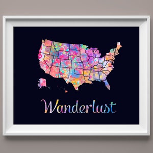 Carte des États-Unis, art de l'envie de voyager, Alaska, Hawaii, aquarelle, voyage, carte d'art, décoration murale, décoration moderne, art de l'aventure, carte des États-Unis, cadeau, décoration de bureau