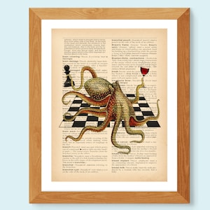 May include: An illustration of an octopus playing chess on a vintage dictionary page. The octopus is holding a glass of red wine. The text on the page reads "Branchial pouch" and "Break fever".