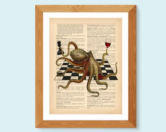 May include: An illustration of an octopus playing chess on a vintage dictionary page. The octopus is holding a glass of red wine. The text on the page reads "Branchial pouch" and "Break fever".