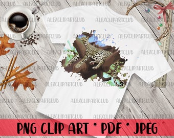 Aquarell Leopard Clipart: Schlafen auf Baum, Safari Tier (PNG, JPEG)