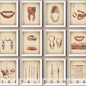 Vintage Dental Poster Set 12 Dentist Gift Dental Artwork Tooth Anatomy Poster Dental Clinic Wall Decor Dentist Tools Illustration Dentistry