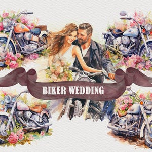 5 Clipart de boda de motociclistas, paquete de novios, clipart de motocicleta PNG, clipart de acuarela, diseños de arte romántico, diseños de manualidades, diseños de invitaciones