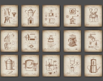 May include: A set of 12 vintage-style coffee-making patent illustrations. The illustrations are in black and white and feature various coffee makers, grinders, and other coffee-related equipment. The illustrations are on a beige background.