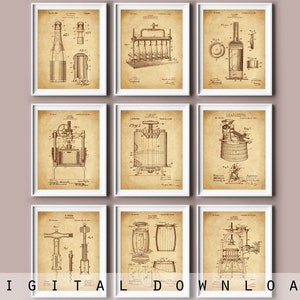 9 Vintage Wine Technology Patent Drawing Wine Press Blueprint Retro Blueprint Wall Decor Wine Bottle Patent Wine Shop Decor Bar Wall Decor