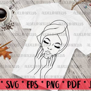 Clipart de cara de niña, imágenes prediseñadas de maquillaje, logotipo de moda, decoración de salón de belleza, máscara de pestañas SVG, vector, silueta de cara de mujer, descarga digital