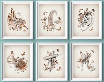 6 Vintage Cochlear Implant Print Ear Anatomy Art Binaural Hearing Aid Poster Audiology Art Hearing System Audiologist Gift Ear Clinic Art