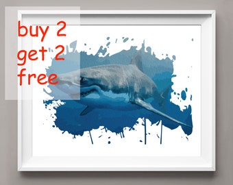Disegno ad acquerello di un grande squalo bianco, arte nautica, poster di animali dell'oceano, decorazione per la cameretta dei bambini, arte stampabile, download digitale