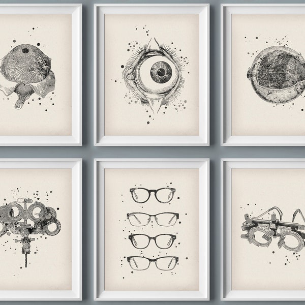 6 Vintage Optometry Posters, Optometrist Gift, Eye Anatomy Art, Medical Painting, Refractor Art, Trial Fame Art, Ophthalmic Clinic Decor