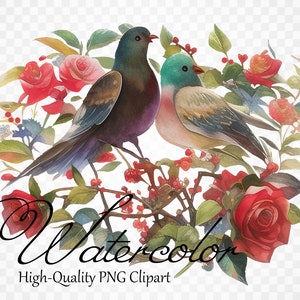 Casal de pássaros Clipart Flores PNG Dia dos Namorados Clipart Feliz dia do casamento Clipart Buquê floral Clipart Convite romântico Clipart