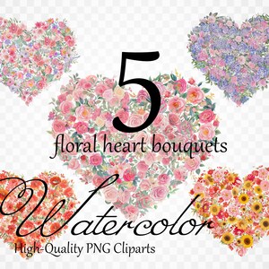 5 Floral Coração Clipart Flor PNG Bouquet Clipart Dia dos Namorados Clipart Casamento Cartões de casamento Designs Download digital