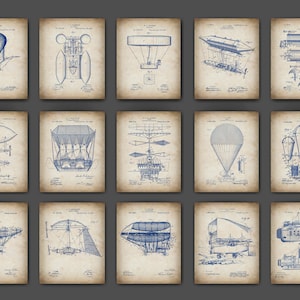 May include: A set of 12 vintage blueprint style prints depicting various types of airships and flying machines. The prints are in shades of blue and white on a beige background. Each print features a different design of an airship, including a blimp, a dirigible, and a zeppelin. The prints are ideal for adding a touch of vintage style to any room.