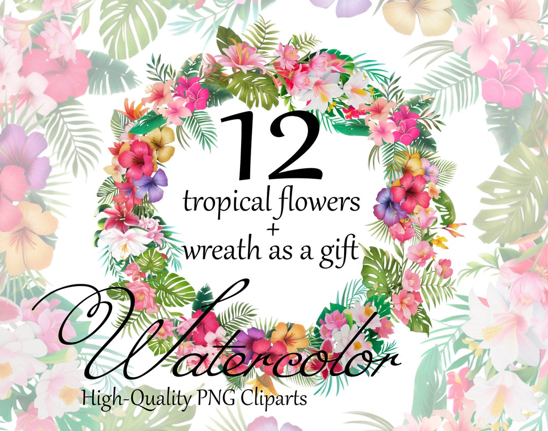12 Tropical Flowers Clipart Palm Leaves Clipart Exotic Flowers Bouquet ...