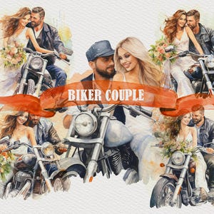 5 fietsers bruiloft partij clipart motorrijders paar bruid en bruidegom PNG clipart aquarel clip art huwelijksuitnodigingen ontwerpen Crafting Art