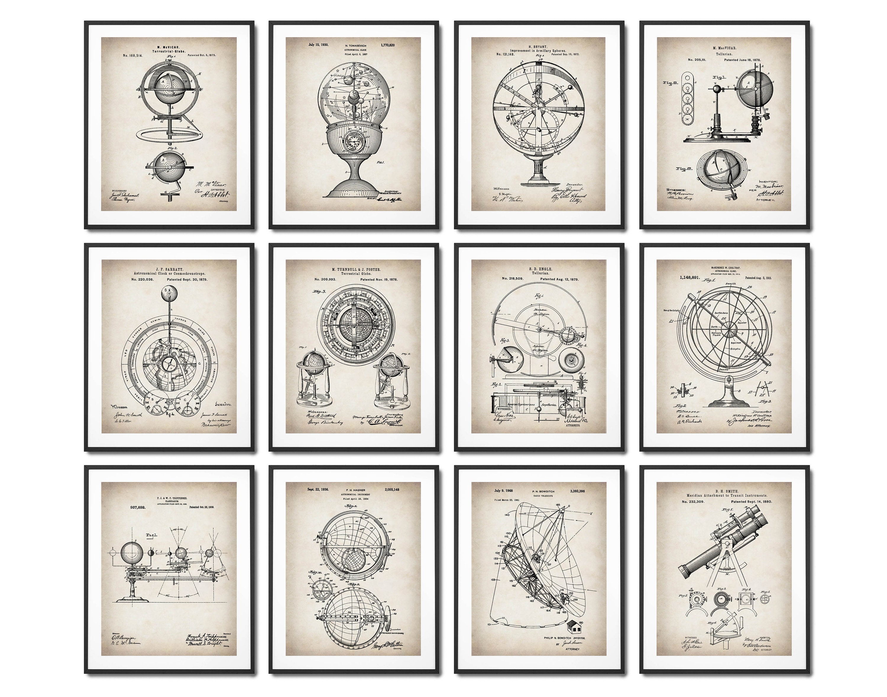 12 Vintage Astometry Patent Prints, Planetarium Blueprint, Astronomy Patent, Globe Patent, Solar System Print, Telescope Patent, Stargazing