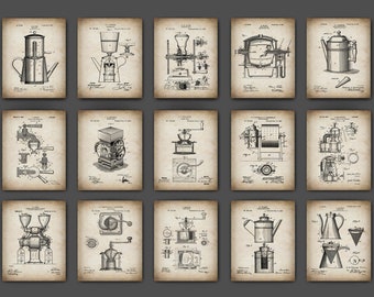 May include: A set of 15 vintage coffee maker patent prints. The prints are in black and white and feature illustrations of different coffee makers. The prints are on a light brown background.