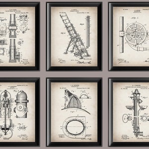 6 Firefighter Gift Fireman Patent Poster Hydrant Blueprint Ladder Scheme Smoke Jumper Poster Fireman Equipment Inventions Wall Decor