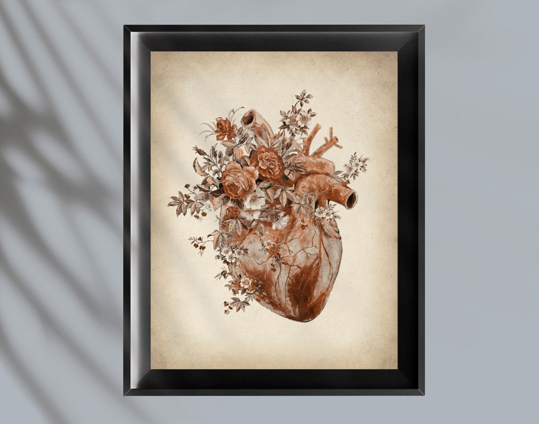 Vintage Heart Anatomy Art Print: Floral Heart, Medical Decor (digital ...