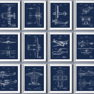 Set di 12 stampe di brevetti di aeroplani, progetti di aeromobili, brevetti di aerei d&#39;epoca, brevetti di aeroplani, brevetti di invenzioni aeronautiche, brevetti di trasporto, arte murale