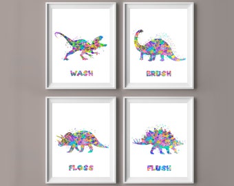 Wash Brush Floss Flush Dinosaur Art Bathoom Decor T-Rex Stegosaurus Triceratops Brontosaurus Art Kids Room Art Nursery Printable