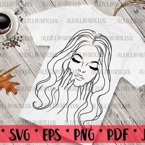 Może przedstawiać: Biała koszulka z czarną grafiką przedstawiającą twarz kobiety, długie, falowane włosy i dłonie blisko twarzy. Na dole koszulki widnieją skróty typów plików: AI, SVG, EPS, PNG, PDF i JPG.