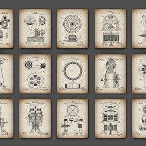 Puede incluir: Un conjunto de 18 dibujos de patentes de estilo vintage para motores eléctricos y generadores. Los dibujos son en blanco y negro y presentan ilustraciones detalladas de las invenciones.