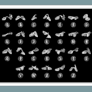 May include: A black and white illustration of the American Sign Language alphabet. Each letter is represented by a hand gesture, with the letter displayed below each hand.