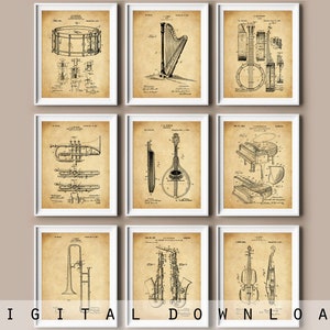 9 Musical Instruments Patent Drawing Piano Blueprint Saxophone Patent Trombone Patent Mandolin Patent Wall Decor Musician Gift Home Decor