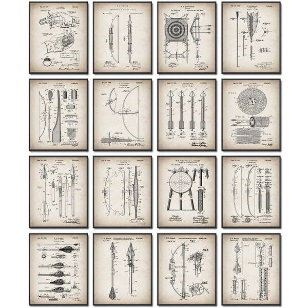 Set 16 Archery Patent Prints, Sport Blueprint, Playroom Decor, Archer Gift, Arrow Blueprint, Target Blueprint, Invention Patent, Digital